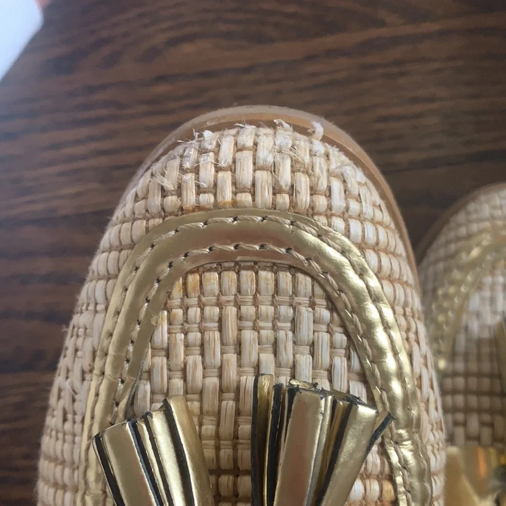 Tory Burch Cream Woven Tassel Loafers with Gold Trim